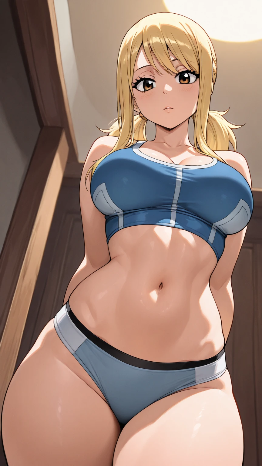 a cartoon character in a high ponytail sits in her room on the couch, 1girl, , solo, shorts, blue eyes, navel, hat, braid, baseball cap, long hair, spot color, sports bra, , dolphin shorts, looking at viewer, collarbone, monochrome, midriff, blush, short shorts, stomach, cleavage, cowboy shot