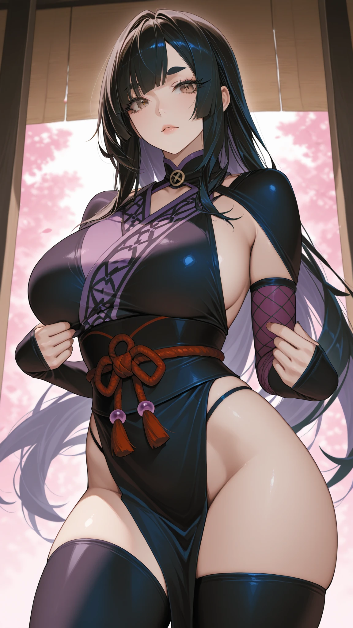 masterpiece:1.5),(best quality:1.5),(high resolution:1.5),(8k:1,5),(perfect face:1.5),(beautiful detailed eyes:1.5),(Cowboy Shot:1.tremely detailed face:1.5),(perfect lighting:1.tremely detailed CG:1.5), (perfect hands:1.5),(perfect :1.5),,(perfect body:1.5),(perfect hands:1.5),(perfect fingers:1.5),(full body:1.5),,(1woman:1.3),(megami magazine:1.15),pale skin,(fighter:1.5),(dark purple straight long hair:1.3),(blue eyes:1.3),seductive smile,(:1.2),(large :1.2),,(Red  yukata :1.3),( look:1.5),(clothed:1.3), standing,(:1.2),(Mansion:1.5),,(see through:1.2)