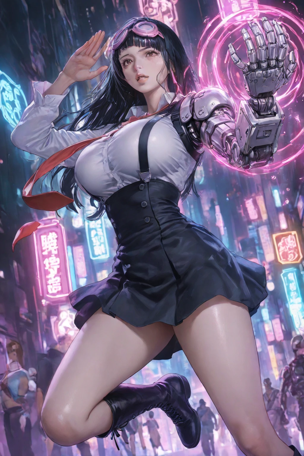 (highest quality:1.3), Highly detailed CG Unity 8k wallpaper, 32K, Realistic, Ultra-high resolution RAW photos, Beautiful and clear face, White skin, Real Skin, Finely textured fabric, Detailed hair texture, Perfect body, Beautiful Features, Accurate , Anatomically correct, Highly detailed face and skin texture, One Girl, cute,Brown Hair, ((ponytail, Azure Eyes: 1. 2)), ((Smiling with white teeth:1.3))、Thick bangs、Sleeveless jacket、、Pencil Skirt、Belt at waist、Knee-high boots、Leather gloves、((policewoman:1.4)), (Decadent futuristic night city background), (Cyberpunk Background, Blade Runner), (Blue and purple neon lights flashing), Volumetric lighting, Soft Light,