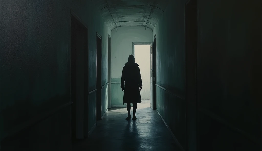 Images of eerie nighttime scenes, dilapidated interiors, ghostly figures,