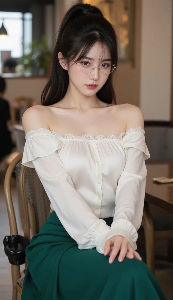 (Realistic、High resolution:1.3),alone, One Girl, masterpiece, highest quality, Very detailed, Cinema Lighting, Intricate details, High resolution, Official Art, Beautifully detailed face and eyes, High resolutionのイラスト, 8k, (Short bun hairstyle), Ash Brown Hair:1.3, Very thin body, ((Chiffon long skirt、Chiffon blouse:1.3)) 、Single Blade, blue eyes, Glasses, Crossing your legs, Sit on a chair, patterned high heels,Upper Body, , Book_stack, library, ((vine)), Looking at the audience