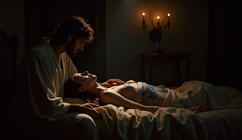 (Gwen Stacy ( human) sparse pubic hair) full body,  one (lizardman (wearing lab coat) with lizard ) full body on a deserted beach