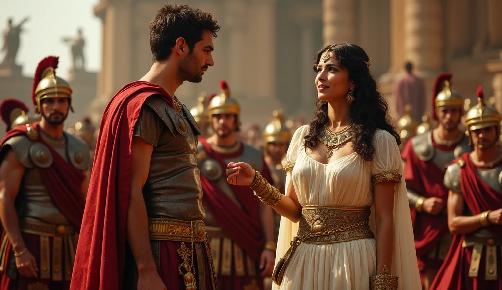 Three man next to a woman, heros of ancient rome empire with swords