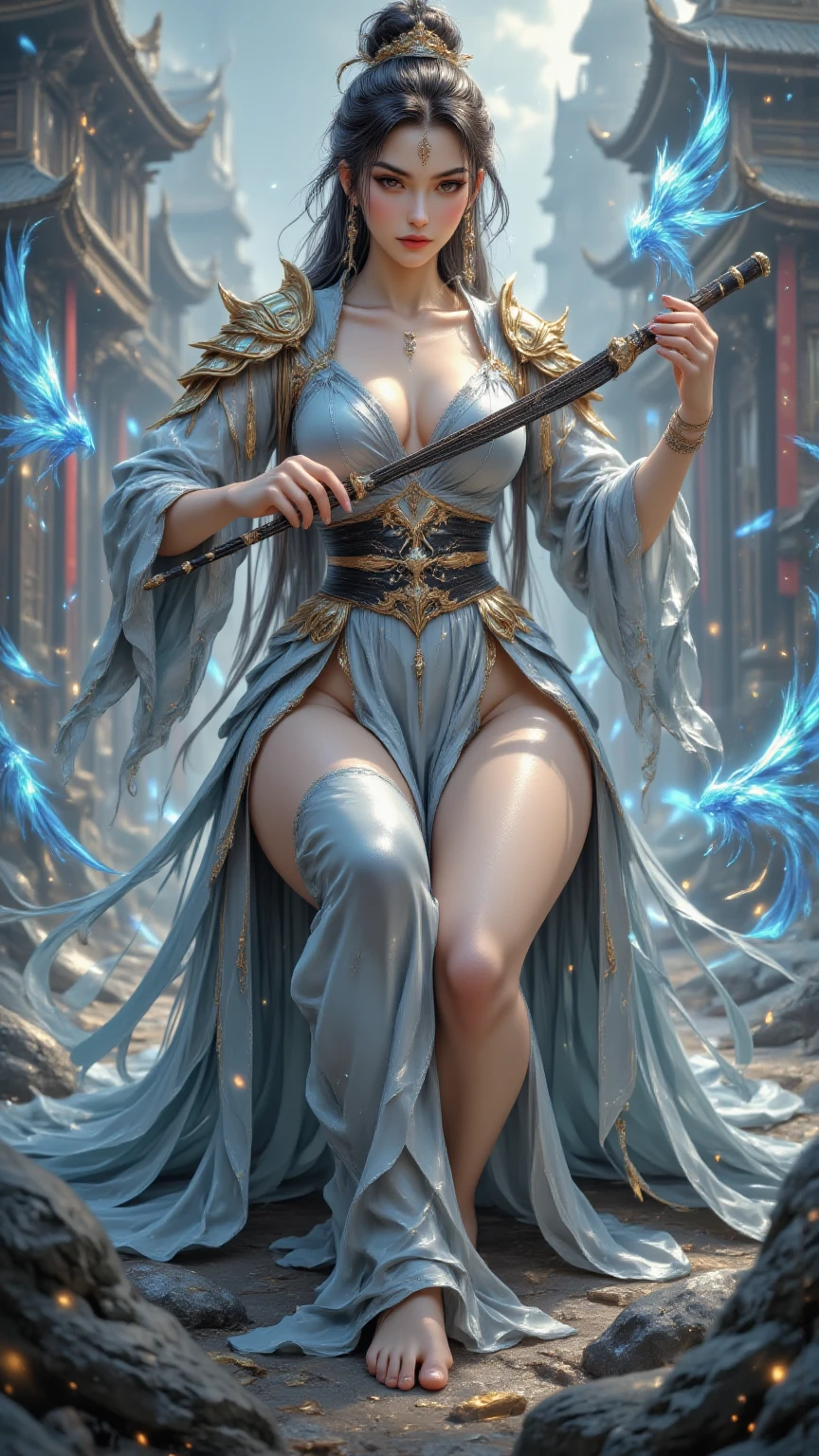 Dunhuang style, 1girle, shoulders, navel, flying fairy, Dunhuang mural in background, dance, gray hair, lots of hair, very long hair, hair ornaments, ribbons, earrings, gold jewelry, hair bubbles, copper bells, red and gold clothes, flowers on the head, gradient eyes, smile, barefoot, no shoes, full body portrait, surrealism, high detail, romanticism, film lighting, glitter, reflected light, masterpiece, super detail, textured skin, anatomically correct, high detail, best quality, High quality, award-winning, 8K