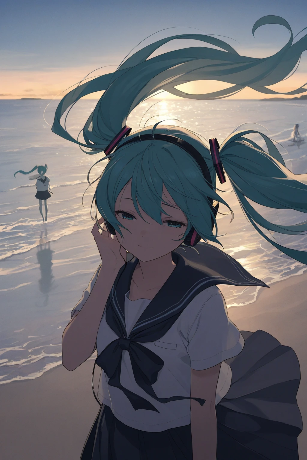 Hatsune Miku。Beach and palm trees。Sunset