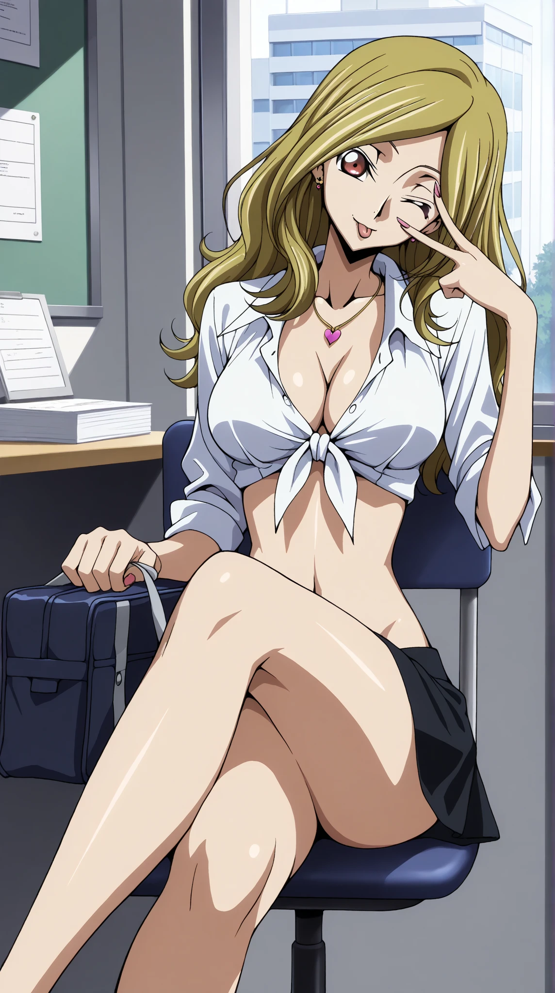 masterpiece, best quality, highres, 2girl kaori saeki,  micro ruffle skirt, red lace , black choker , classroom, full body shot, (smug:0.3), looking at viewer, focus solo, sexy pose, mature, flip flops, detailed feet, busty, cleavage, blonde, long hair, red eyes, dangling shoe, kneeling, seducing, kissing, nasty, elegant, 