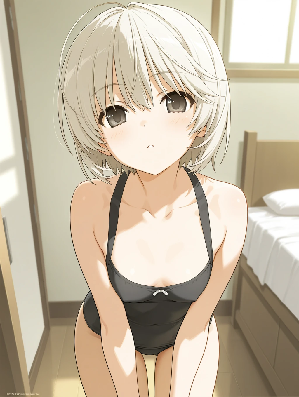 masterpiece, best quality, movie still, 1girl solo, female focus, looking at viewer, upper body, depth of field, (watercolor illustration, soft pastel colors:1.1), realistic, white hair, black eyes, Bikini, small breasts