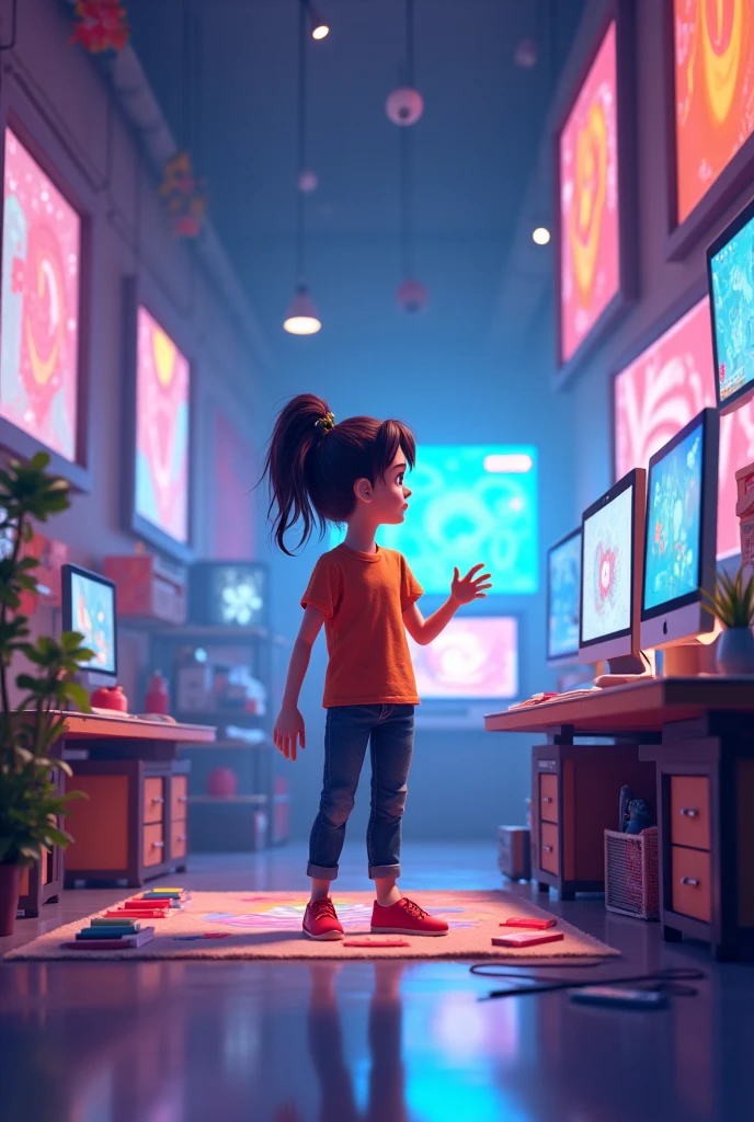 Emma watson, cabelo com mechas, pele morena clara, sorrindo segurando microfone da tv Globo. Estilo Disney pixar de alta qualidade