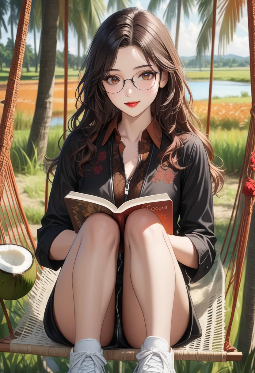 Young woman sitting on the grass reading a book, long black curly hair, wearing glasses, delicate smile, bright brown eyes, looking up at the sky, lamp light, whole body, under a huge tree, farther view, a tent in the background, starry sky, illuminated night, photographic effect, 8k, super detailed, hyper realistic.