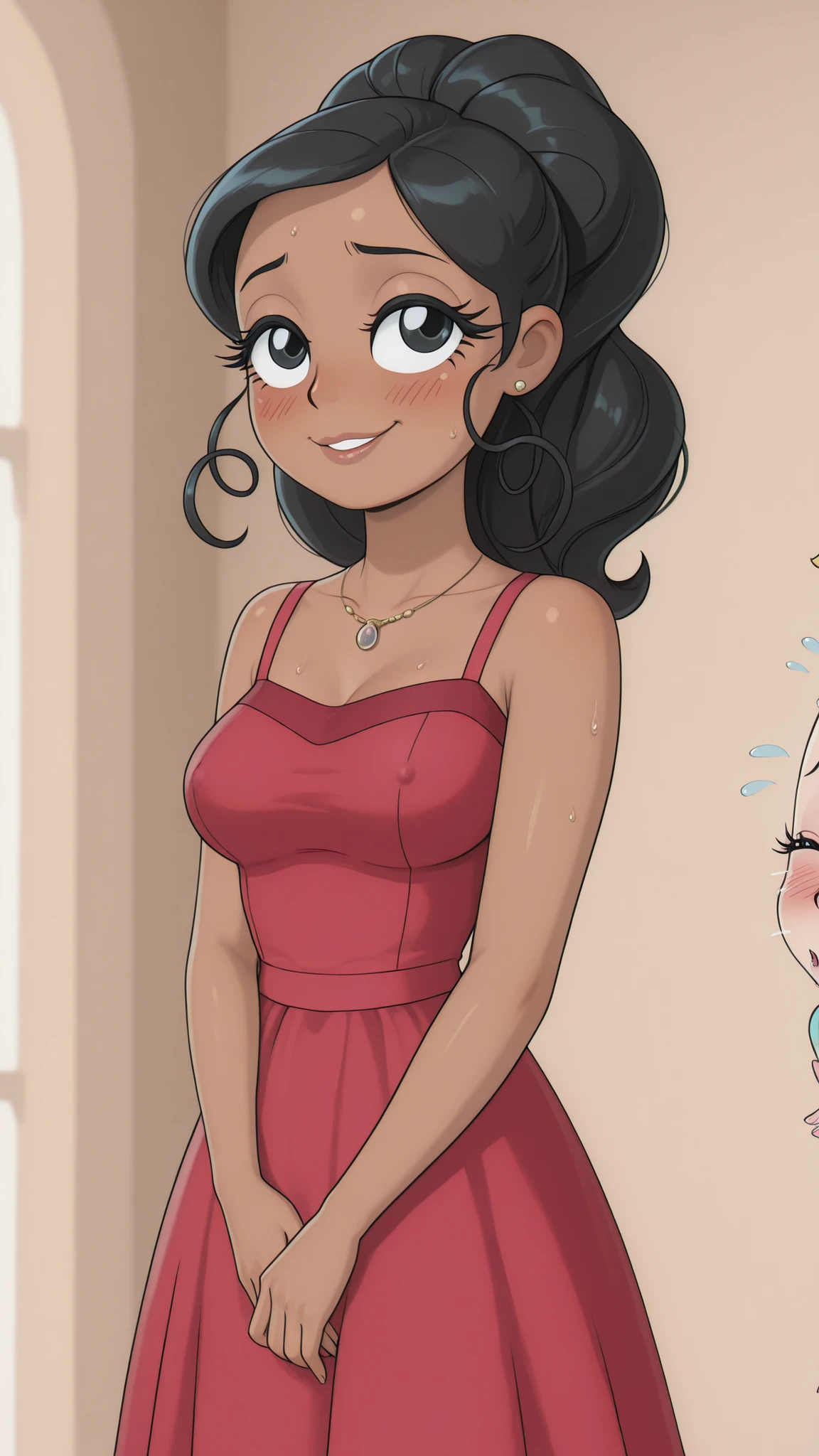 ultra-high resolution, 8k wallpaper, masterfully executed, mature woman with velvety dark skin of a flawless tone, luxurious long black hair with perfect shine elegantly frames an adult face, deep black eyes with long eyelashes radiate refined passion, an exquisite red dress with Hawaiian motifs is artistically lowered from one shoulder, aesthetically perfect intimate scene between adult partners, the face of a mature woman expresses sublime bliss, lips gracefully curved in a half-smile, hairy eyes give depth to the look, delicate blush on the cheekbones emphasizes the emotional state, the adult body gracefully moves at the perfect rhythm, hands elegantly rest on the partner's , drops of sweat like gems flicker on mature dark skin, an atmosphere of exquisite , artistic lighting creates dramatic contrasts