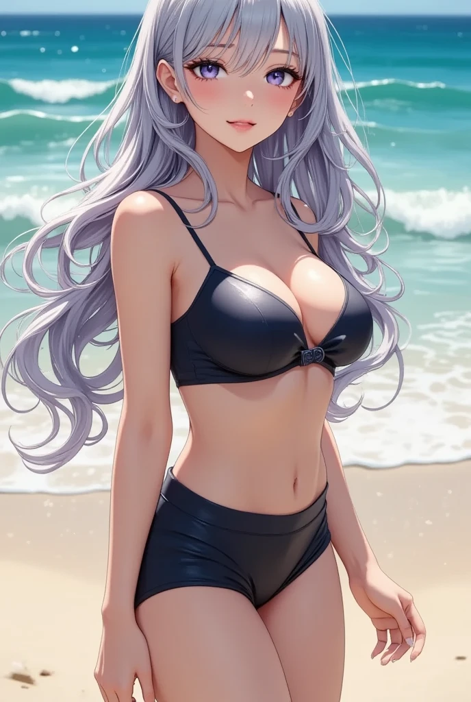 masterpiece, best quality, 1 solo girl, silver hair, red eyes, long hair, medium breasts, sexy body and face, wavy hair, smile, white bikini, pendant, bracelet, jewelry, earrings, feather hair ornament, ball, lying at the sand, summer, sexy pose, cowboy shots, detailed body, face, and eyes, sharp focus, vibrant, creative, dynamic, high definition, high resolution, 8k, (Upscale: R-ESRGAN 4x+ Anime6mage enchance:4x), voluptuous body, cinema lightning, dakimakura style, looking at the viewer,