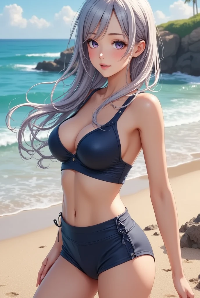 Photo Info: Beautiful, perfect photo, HD, top-quality, masterpiece, perfect hands, cowboy shot.
Hair: (((Medium-long straight silver hair))), (((middle part))), goes over shoulders. (((ends dyed pink))) , ponytail                                       Permanent Clothes/Accessories: lots of silver earrings surrounding ears, multiple ear piercings (lobe, helix, and orbital ear piercings) outfit: ??????, ((((((exposed arms))))))
Body:, short, cute, lots of makeup, blush on cheeks, long lashes, large doe eyes. 1person, black eyes, wide ???? and really thick thighs
Background/Personality: (18 years old, semi-confident).
Pose: (standing posture, little smile, looking at viewer).
Setting: outside, by beach, beutiful scenery