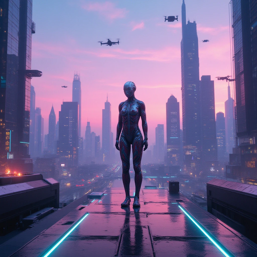 dystopic, view of city futuristic cyber punk, skyline, drones, sppiner vehicule, cables and mechanic , space ship [scientific fiction], (Ghost in The Shell) Foto colorida RAW off alto offtalhe, fullshot, frontal angle, off (Beautiful female arterial intelligence, wearing  white ), plein-air, standingn, on overlook, olhando para o horizonte da cidaoff cyberpunk espraiado), toned physique, bunda granoff, (pale skinned), face perfect, seducing gaze, (Cybernetic Implants in the Right Arm:1.2), (heightens), (cyborg:1.1), (pele offtalhada, fuzzy skin pores), silicone, metals, (altamente offtalhado,  offtalhes finos, intrikate), (Lens flare:0.5), (blossom:0.5), smog, dust, (Badlands:0.8), (observatory:0.7), ray tracing, specular illumination, profundidaoff off campo rasa, photographed on a Sony Alpha 1 lens, SE 85 mm, F/2.8, Rigid focus, smooth film, cinematic still, [cyberpunk:Orweliano:12]score_9,score_8_up,  a male monk in fighting pose,  steampunk,mechanical parts, reelmech, (full-body view ),  realistic, cable, wires, joints.