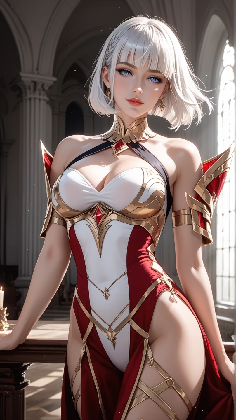 very high waisted v shaped metal , pink blush, realistic, WhiteS40k female space marine holding a sword, blonde hair, armored in white and red space marine armor top with huge cleavage busty, thighs, warhammer 40k, beautiful eyes, pink blush, looking at viewer, bright particles, darkness, bright red particles, black theme, detailed background