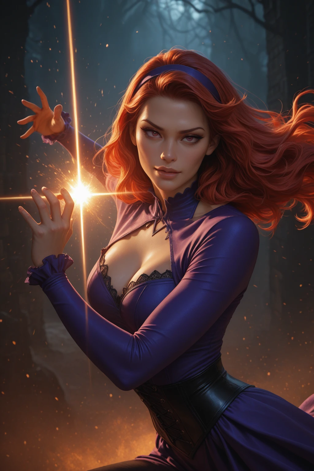 arafed woman with large round breast, showing her cleaveage, in a purple dress holding a crystal ball, casting a spell on a potion, ross tran 8 k, witch fairytale, jen bartel, maya ali as a cyber sorceress, fantasy art behance, pretty sorceress, female mage conjuring a spell, fantasy aesthetic!, maya ali as a d&d sorcerer, masterpiece, best quality:1.2),,(8k,highres,RAW photo,realistic,photo-realistic:1.3),(detailed skin texture,detailed cloth texture,beautiful detailed face:1.25),professional lighting,photon mapping,beautiful soft light,radiosity,physically-based rendering,raytracing, model shoot style, model shoot style, (extremely detailed CG unity 8k wallpaper), full shot body photo of the most beautiful artwork in the world,