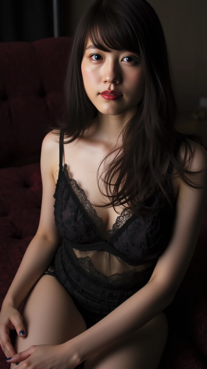 Foto realista, beautiful woman young 20 years old, piel blanca brillante, Black , delgada, long purple hair loose back, Eyes looking at the camera, maquillaje ligero, sonriendo, Clear lighting, colores vividos, textura realista, sensual, 小脸, small eyebrows, cuerpo completo