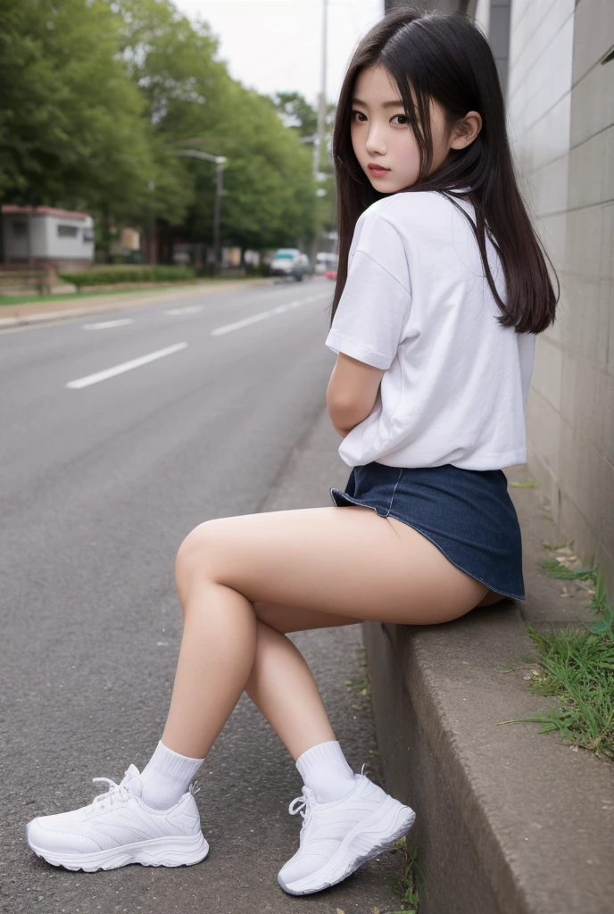 (8k, RAW photo, best quality, masterpiece: 1.2, realistic, photorealistic, high contrast, photon mapping, photorealistic, ultra-detailed, professional lighting, low angle: 1.2), (1 girl), (solo: 1.5), (full-body), (height is 165 cm), (16-year-old schoolgirl), (sidewalk), (short plaid skirt: 0.8), (white shirt for students), ( squatting looking at the front), (?????? open: 1.2), (light brown medium hair), (see-through wet white panties: 2.0), (camel toes), (black loafers: 1.2), (beauty face: 1.2), (perfect proportions: 1.2), (long legs: 1.2), (small ???????: 1.3), (panties visible from under skirt: 1.5), ( Detailed female pubic shape is clearly visible:1.4), (pubic hair:1.4), (without panties:1.2), (textured skin),