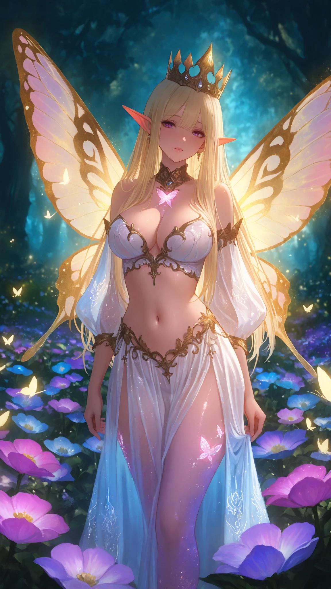 最high quality、1 woman elf on screen 、sexly, Beautifully decorated 、、Beautiful foam、、CourtyardShining fairy wings、Flower fractal art　　Beautiful Nature((beautiful night))　　((starry night))　、Bigger on the screen((cowboy shot 　))　(up shot)　　　、((seethroughbodystocking, )),Beautiful radiance,High-definition depiction, Realistic, 8K, Unity, beautiful Shot, light smile, Beautifully and vividly drawn, , Beautiful, beautiful, clear skin、sexly,beautiful ,Countless rays of light pouring down, Swirling Light, Raise one arm above your head, Intense light is emitted from the magic circle in front of the girl.   forest、Lots of leaves、green leaves、flower、Particles of light、 night、Magic 、Fairy tale、
Romanticism,Cowboy Shot: The most beautiful form of chaos, Mr..々colour, Intertwined flowers, Particle,magical gentle light,smile,sexly,image quality、masterpiece、Beautiful Face、Super beautiful elf woman((Big breasted 22 year old office lady、Bust 100,Beautiful long ironed hair 、bionde hair,height: 165cm。、sexly、ANDsbian、、high quality、、Visual art、Written boundary depth、universe、Happy smile、、elegant、ticker beautiful decorative、、beautiful tiara、Beautiful bed、Beautiful Landscape、A kind smile、wonderful、Fluttering petals、Dance happily、、Cultivate fantasy、、Mystery light　Lots of flowers、、art、forest, art,mystery,Ultra-high resolution,atmosphere A colorful and dreamy anime-style illustration of a young girl with beautiful hair,Beautiful Forest. surrounded by a kaleidoscope of colors and glowing lights. The background is filled with whimsical details and a magical atmosphere. --ar 3:4 --style raw --stylize 600 --niji 6、Throne Beautiful  