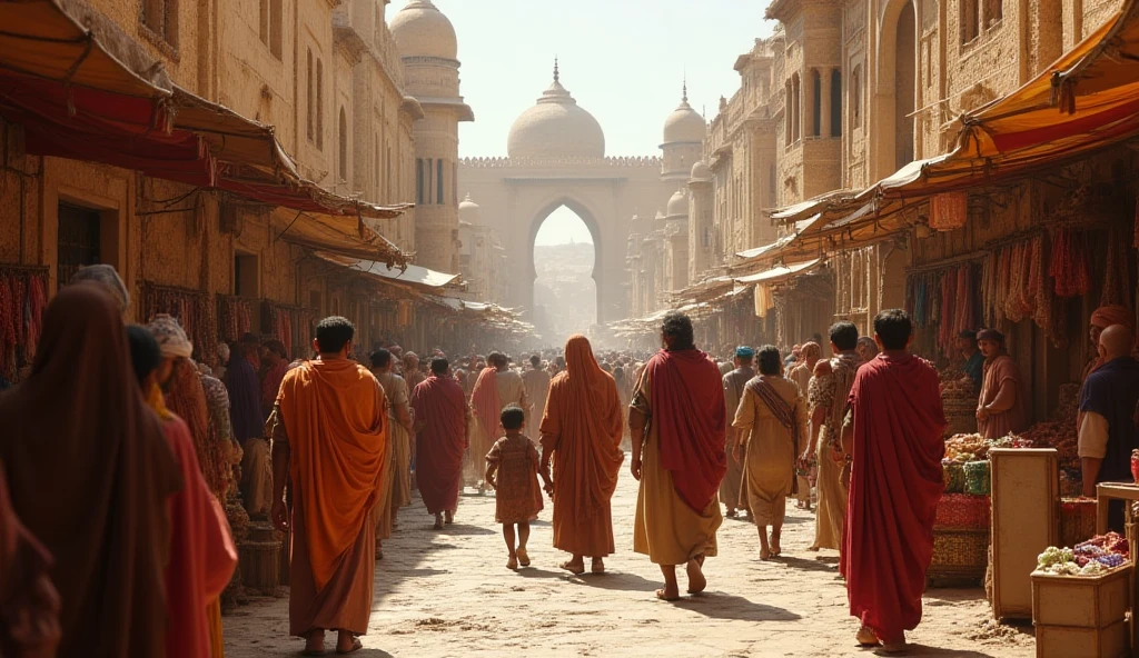 In a vast, desolate ancient land painted in an earthy, historical style, a single majestic palace stands tall — its golden domes, carved towers, and intricate stonework glowing under the sunlight. The land around is empty and barren, with dry cracked earth and scattered old stones, emphasizing the loneliness of the grand structure. In front of the palace, a group of 10 to 12 villagers — dressed in worn traditional clothes, barefoot, some holding walking sticks — stand in silence, gazing at the majestic palace in awe. Their expressions show amazement, disbelief, and admiration. The wind blows gently, lifting dust around their feet as they whisper among themselves, pointing toward the grand palace. There are no other buildings, no homes, no trees — just the grand palace and the humble villagers in this timeless, painted scene filled with contrast between simplicity and royal magnificence.