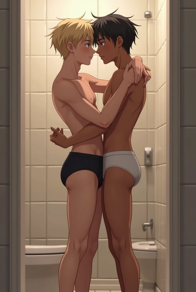 masterpiece，best quality，full  view，2  boys hugging each other，kiss，Body shape difference，young people，tall，muscular，，long big fat , , dropping , Handsome，，barefoot，exquisite eyes，intricate detailessy brown hair，The background is in the house，complex patterns，Best light and shadow，plant，dappled sunshine，During the day，depth of field，summer，artistically，rich and colorful