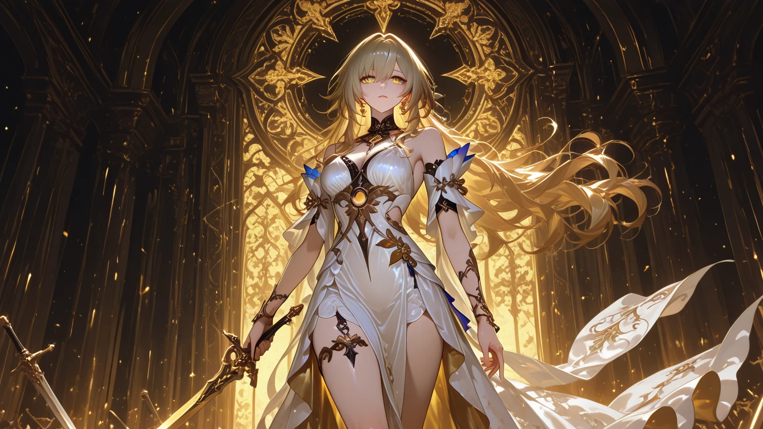 Design a layout showcase Gaming character, ((1girl)), sorcerer:1.2, Golden+Purle clothes, stylish and unique, ((showcase weapon:1.4)), magic staff, (masterpiece:1.2), (best quality), 4k, ultra-detailed, (Step by step design, layout art:1.5), (luminous lighting, atmospheric lighting), Final Fantasy style, magican, ((glove full hands)), fran, viera, (((revealing clothes:1.3))), vambraces, armored legwear, (((full_body_shot:1.4))), Niji, back_view, T_pose
