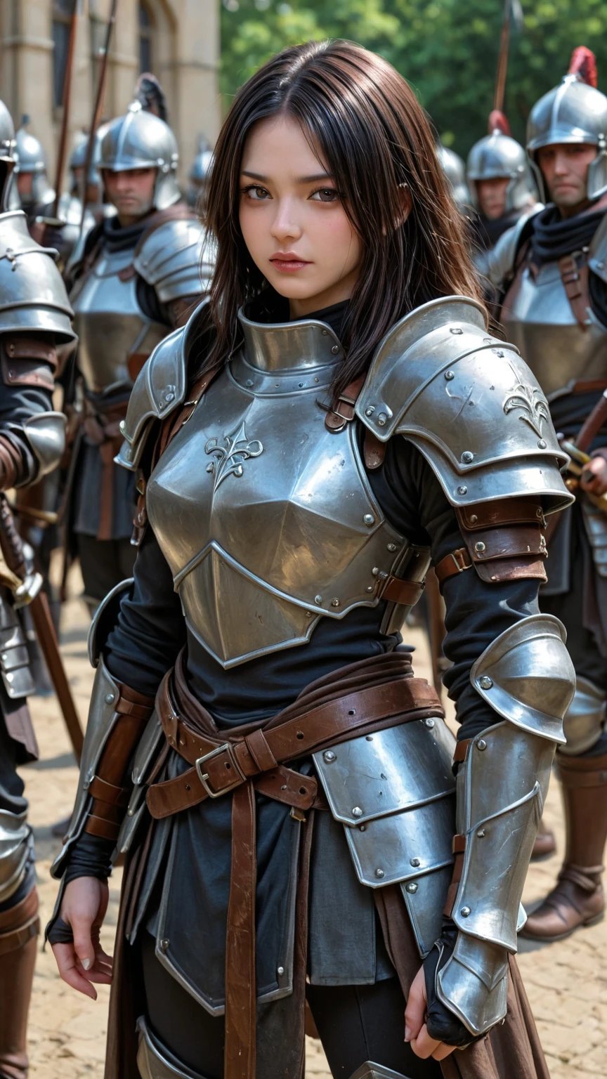 ((wide angle shot of the Hundred Years' War in France)), a beautiful woman, black hair in a ponytail, bangs, wearing glasses, wearing Jeanne d'Arc armor