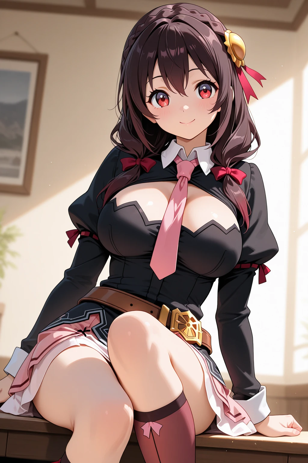 back view, stick out one's butt, Show , ((butt crack:1.5)), ((half ass:1.5)), colorful, 1 girl,at the park, night view, evening,joy,origin,(beautiful face),(realistic face, perfect eyes,1.1),analog style,RAW,real life photo,medium quality,normal aesthetic,break,1girl,(japanese girl:1.1),(round face:1.3),break,(intricate ),(masterpiece, highest quality, 16K), delicate, Detailed, Sharp, 1 girl, Yunyun,long hair,Braid,twin tails,hair between eyes,hair ribbon,hair ornaments,big breasts,(cape:1.2),tie,shirt,pink shirt,long sleeve,belt,pink skirt,pantyhose,loafers,brown footwear, big breasts, blush, smile, looking at the viewer, ((A 1990s-style painting:1.3)), skirt lift, , impressionism, professional lighting