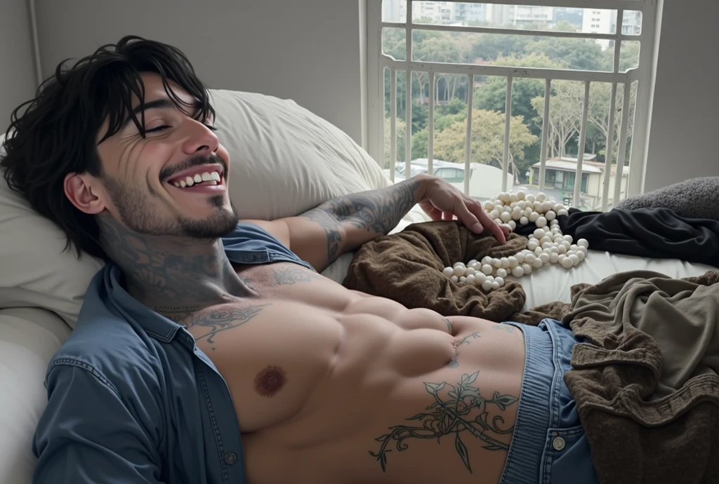 Realistic image, 8K resolution, Latin man, tattooed, looking like a rapper, large , tattoos, beard and mustache, naked, with large penis and , wearing a , barefoot, sitting on a chair, with a in his anus, with his feet on a glass table, in his hand he have a crystal meet pipe of PNP meet cloud