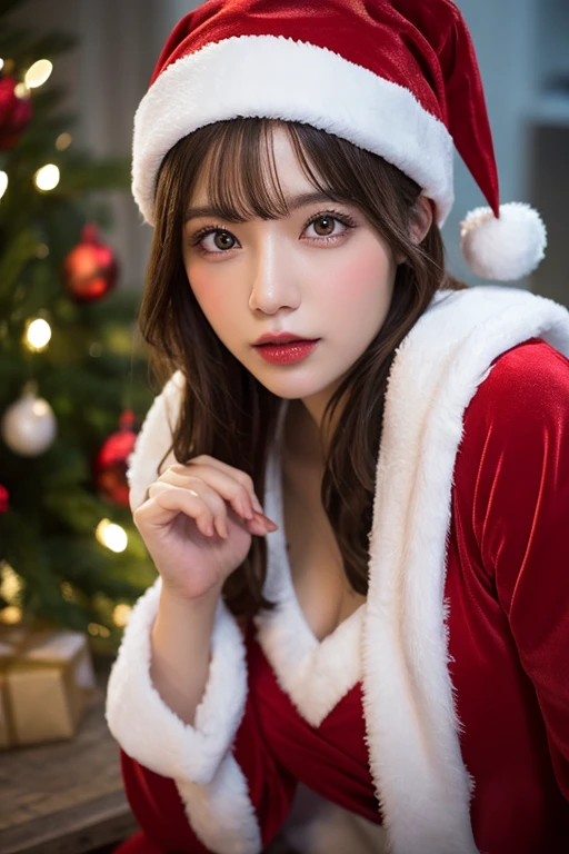 1girl, (santa claus costume slim fit:1.75), symmetry,(Cute ultra young girl:2.0),(ultra short hair:1.75), ultra big smile, (Beautiful large round droped detailed eyes:1.75), beautiful detailed lips, (extremely detailed beautiful face, natural makeup, Incredibly beautiful skin:2.0), (best quality,4k,8k,highres,masterpiece:2.0),(ultra-detailed,realistic,photorealistic,photo-realistic:1.75),professional,vivid colors,studio lighting on her face, (snowing night town,christmas eve:1.25)