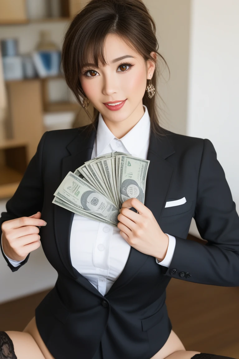 woman standing upright standing alone Hold the money with both hands to your .