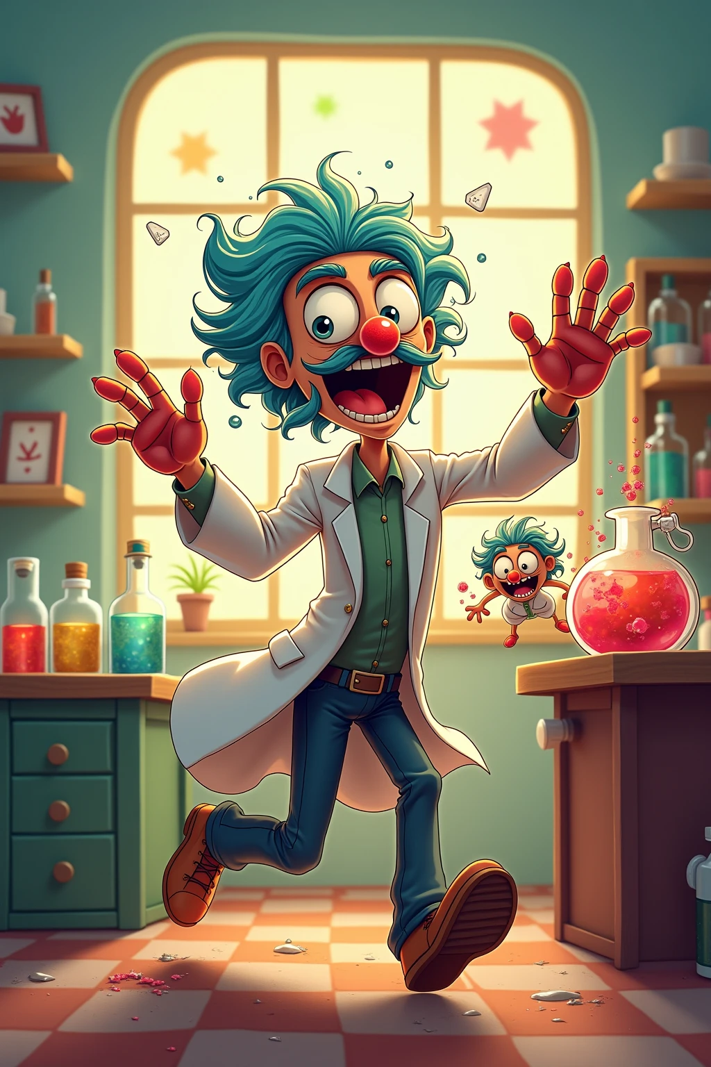 A mad scientist with humorous elements is chasing a mutated little animal in the lab，exaggerated movements with colorful reagent splashes，Strong comic style，The room background is bright and warm，full of creativity and fun。