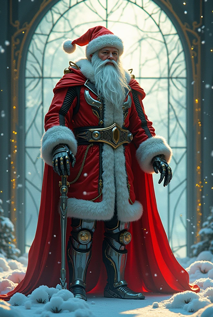 Stylized art；Cyber Mechanical Santa；Stained Glass Window Texture（Church Christmas Feeling）；Geometric Abstract Snow Scene；floating gold ribbon；4k；High quality