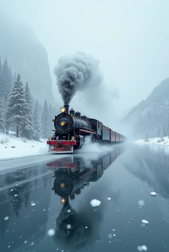 Landscape；Vintage Steam Train；Frozen Lake Surface；Heavy Falling Snow；Cinematic Widescreen；4k；高质量