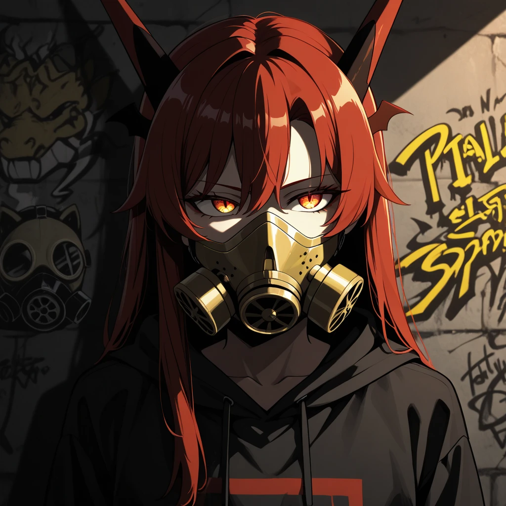 An anime character with dark red hair wearing a mask with terrifying details in a room with terrifying details in front of her with a microphone