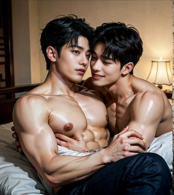 3boys, , a stunningly handsome korean young man with light brown hair, an extremely handsome taiwanese man with medium length curtain blond hair, straddles him in bed, kiss, third handsome man in the background watches them, lean and athletic builds, looking directly at each other lovingly, windows are wide open, sheer white curtains billowing dramatically in the wind, extremely dramatic shadows, romantic atmosphere