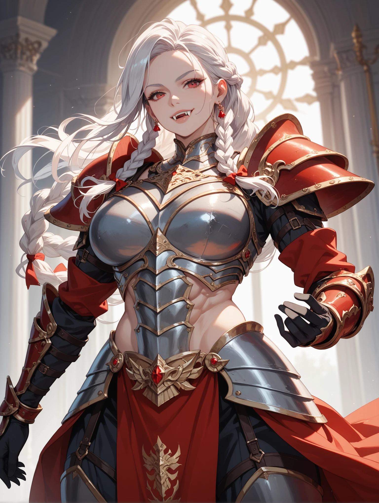 score_9, score_8_up, score_7_up, score_6_up, score_5_up, score_4_up, source_anime, 1girl, white hair, long hair, red eyes, (ornate armor), (bikini:0.5) armor, cleavage, abs, curvy, huge breasts, (wide hips:0.9), (toned:0.2)