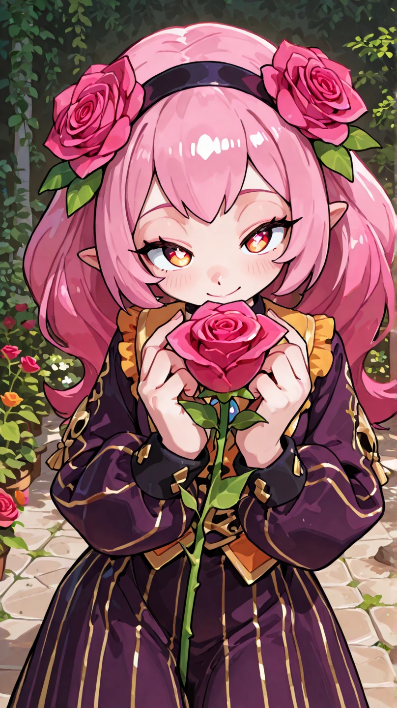 A pink haired female elf with violet eyes and an hourglass figure wearing a Gothic Elven dress is blushing with a peony in her hand in a field of flowers
