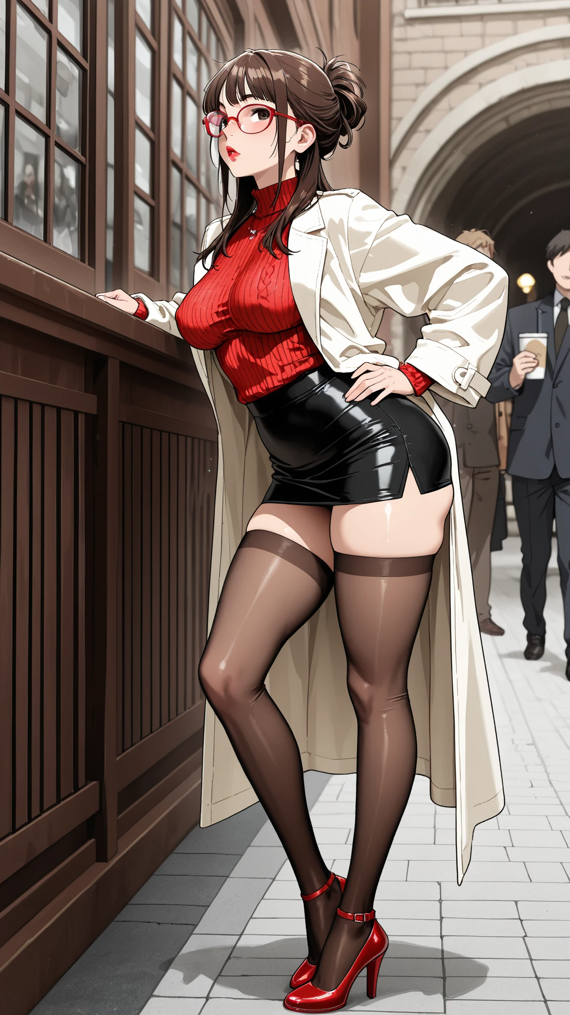 photorealistic,,[ 4 k digital art ]!!,(long eyelash,eyeliner),(tareme), (black short hair),(plump body:1.3), detailed face,mature clothed woman posing in crowded street,outdoor,crowds looking at woman,(long trench brown coat and sexy red :1.3),(double peace),(thick pubic hair:1.3),wet ,( and stressed:1.5),(wet pupils),oiled skin,(sweaty),look at viewer,(:1.3),(curvy body:1.2),(trembling:1.3),excessive  in ,( in :1.3),heart-shaped pupils,,aroused,from below,from front