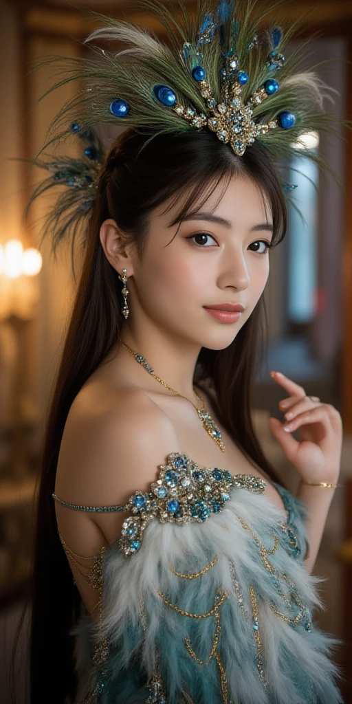 (masterpiece, top quality, best quality, official art, beautiful and aesthetic:1.2), (1girl:1.3), smiling, extremely detailed,(fractal art:1.1),(colorful:1.1)(flowers:1.3),highest detailed,(zentangle:1.2), full body, (abstract background:1.3), (shiny skin), (many colors:1.4), ,(earrings), (feathers:1.5),