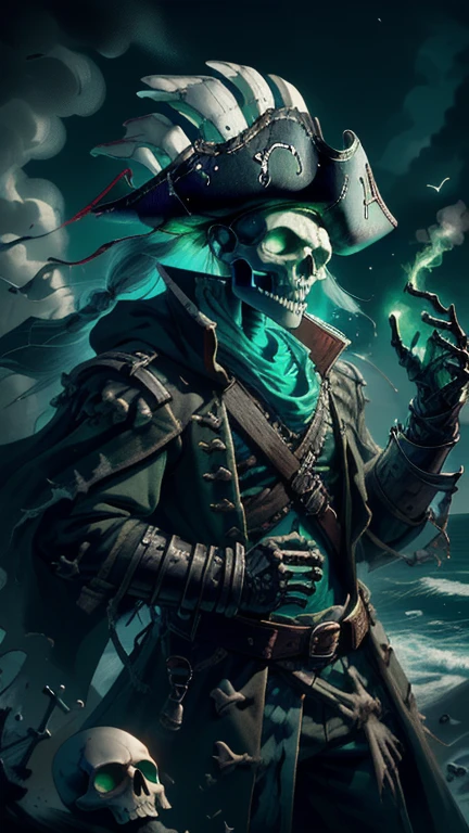 skeleton pirate，Pirate hat，hand-holding（Green Flame Sword），The background is a ghost ship，Sense of oppression