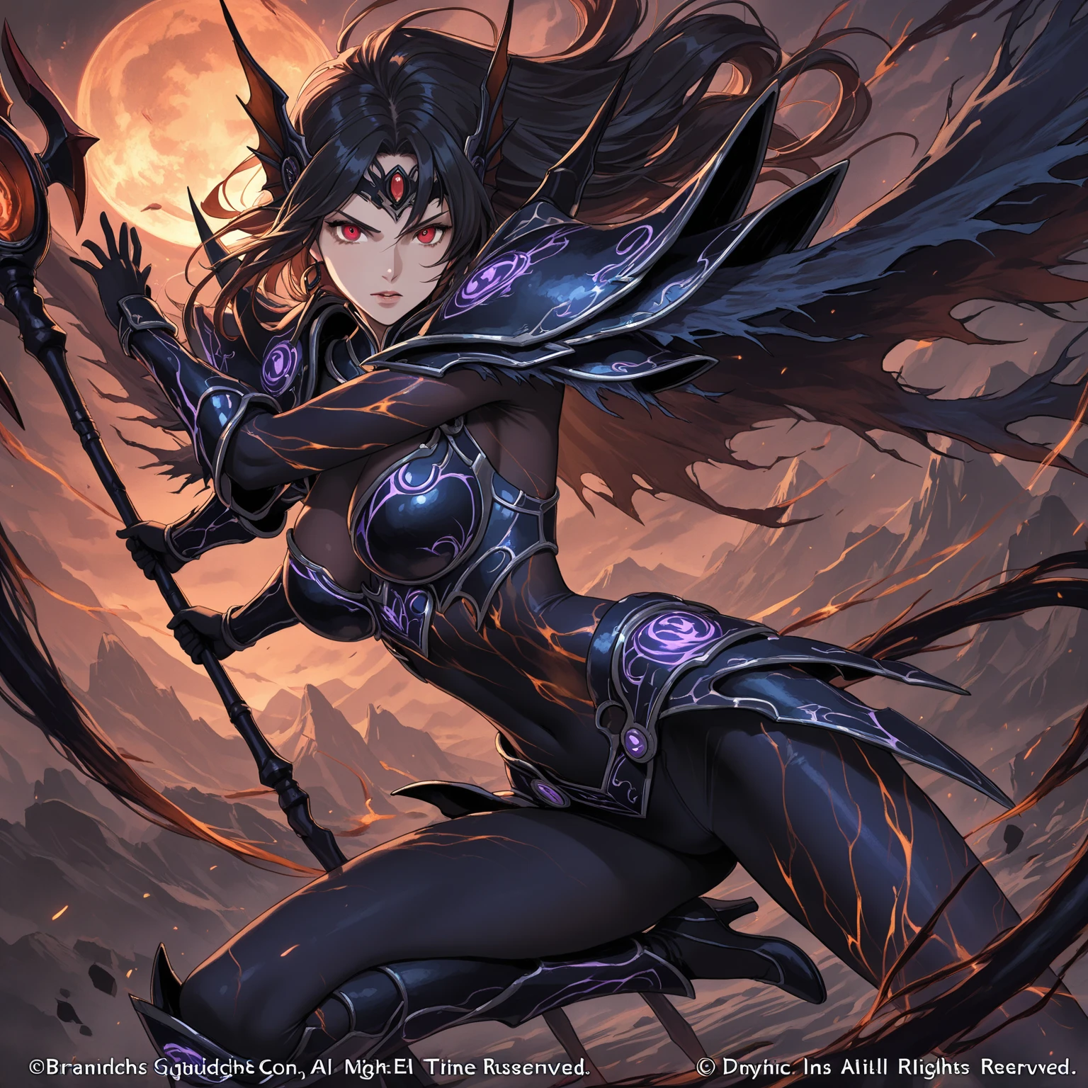 A woman from another planet her body is bright blue her eyes are large her eyebrows are pointed and are attached to the darker blue eyes on her face she has several dark blue pointed lines and her body also has thick pointed lines as if out tattoos, She has long, shaggy dark blue hair, she has a black belt like black pants and several weapons around them. Her personality is villainous.. 