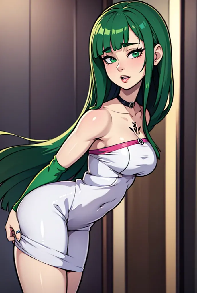 Code Geass, C.C, 1girl, (((bimbo))), long green hair, yellow eyes, ear rings, puffy lips, painted lips, thick lips, wide hips, thick thighs, small breast, huge ass, revealing cleavage, , sexy face, bubble butt,  butt, white suit, ass posing, looking back, legs posing, walking, 