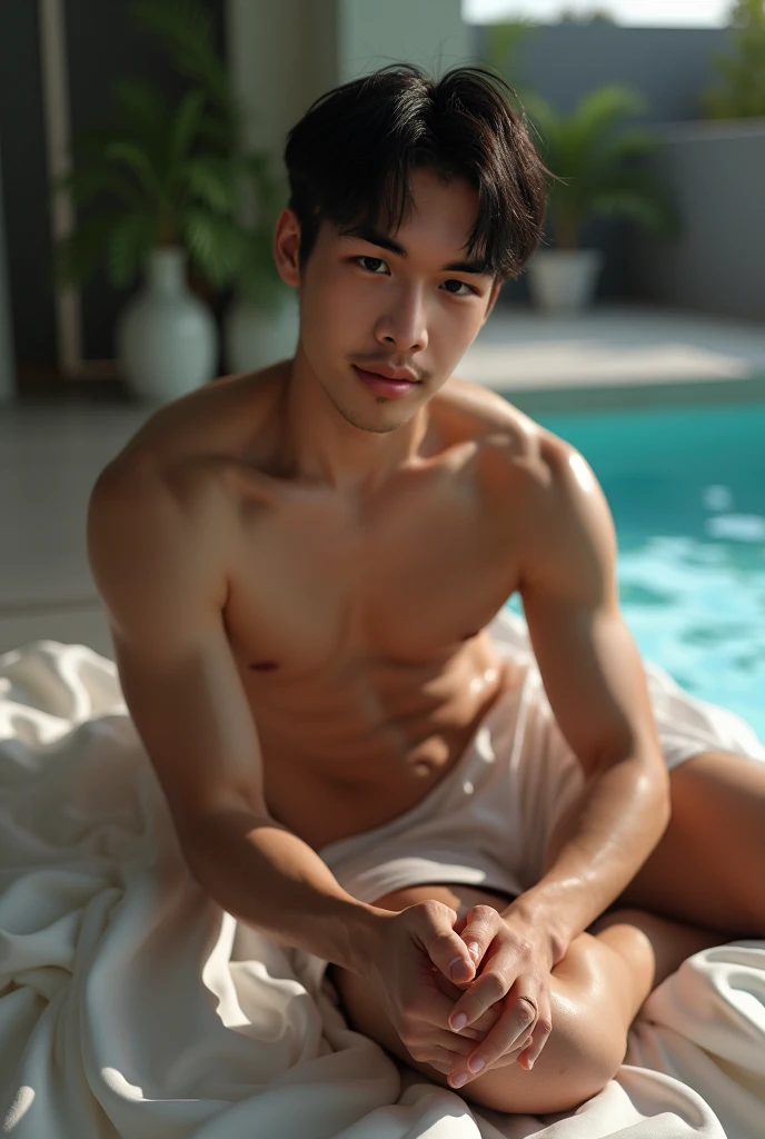 (((, perfect body, high light, 8K:3.5))), (One man, Young Vietnamese with a beautiful , Completely :2.64), (13 years old), ((Perfect handsome man, Beautiful Face, , Energetic Inspiring, beautiful:2.85)), ((Medium length hair with symmetrical center parting:2.75)), ((tones, 8 Pack Abs, Slim and muscular, Hair-free skin:2.74)), ((looking at viewer, Sitting by a tropical pool)), (((best , best , best legs, best , best fingers))), (gleaming skin:1.8), (sweat:1.5), necklace, bracelet