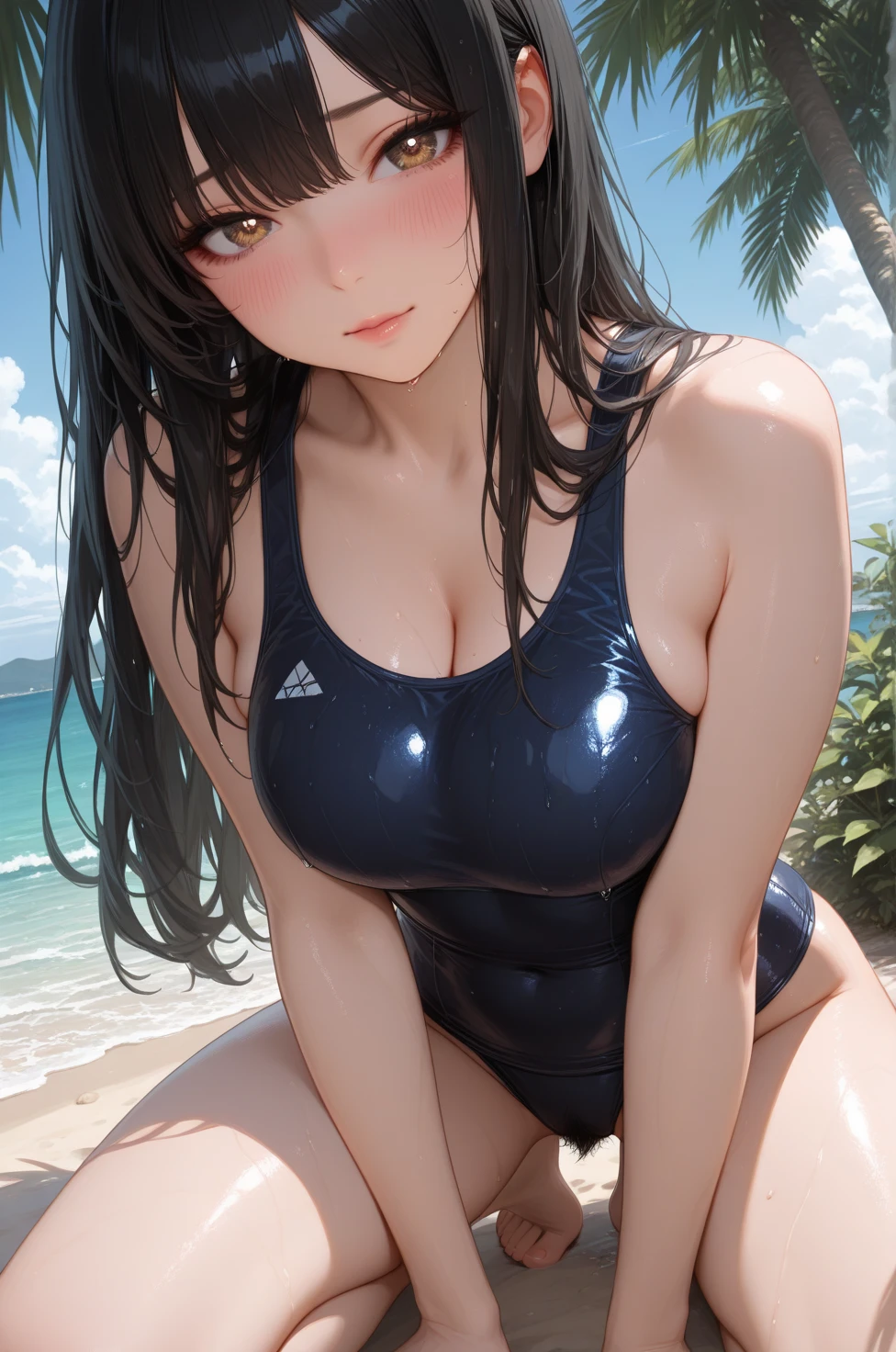 Black Hair　Navy blue new school swimsuit　Big Breasts　Midsummer Pool　Mature Woman