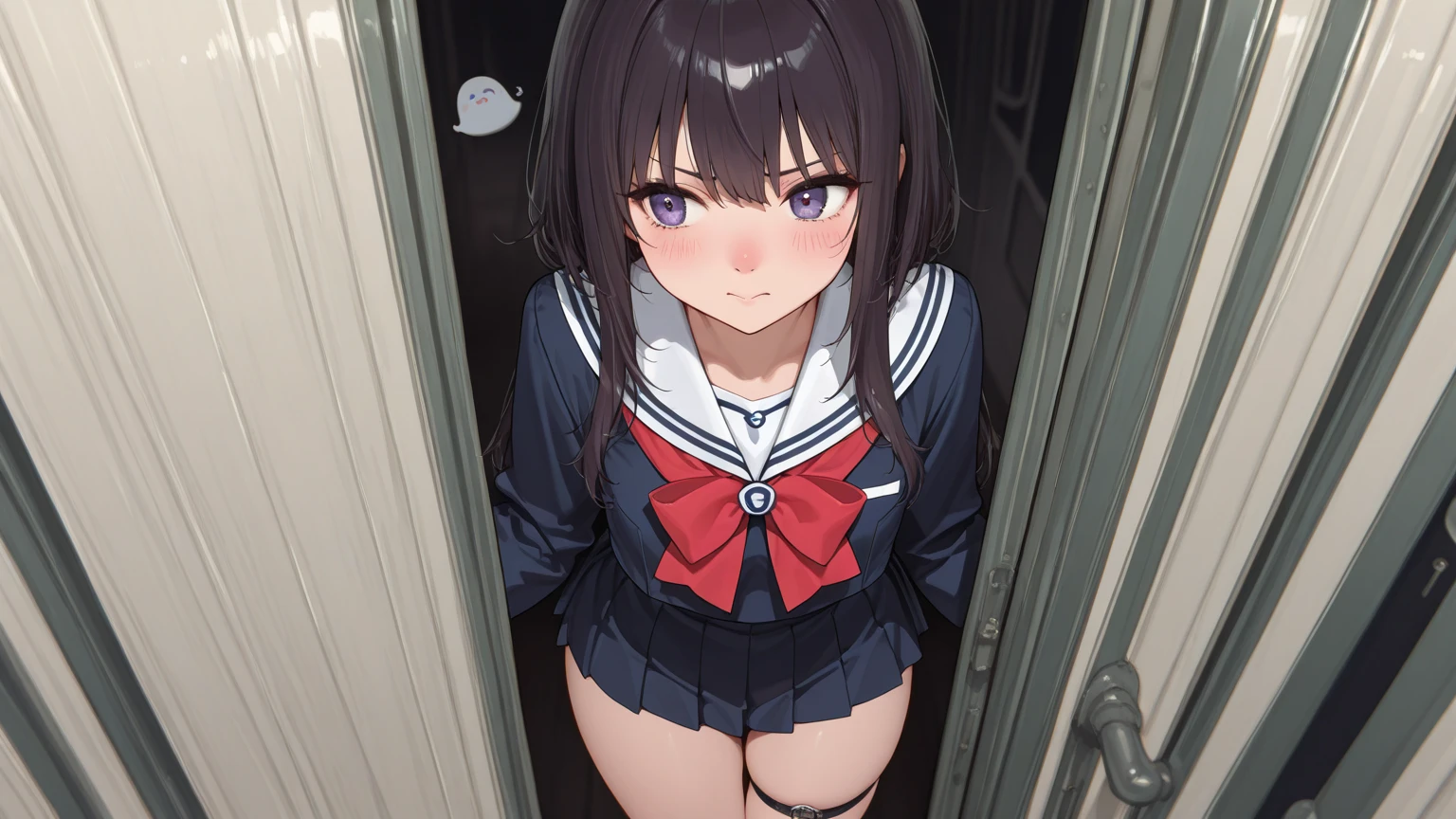 A 14-year-old middle school girl with long black hair wearing a school uniform who lifts up her skirt to reveal white .
