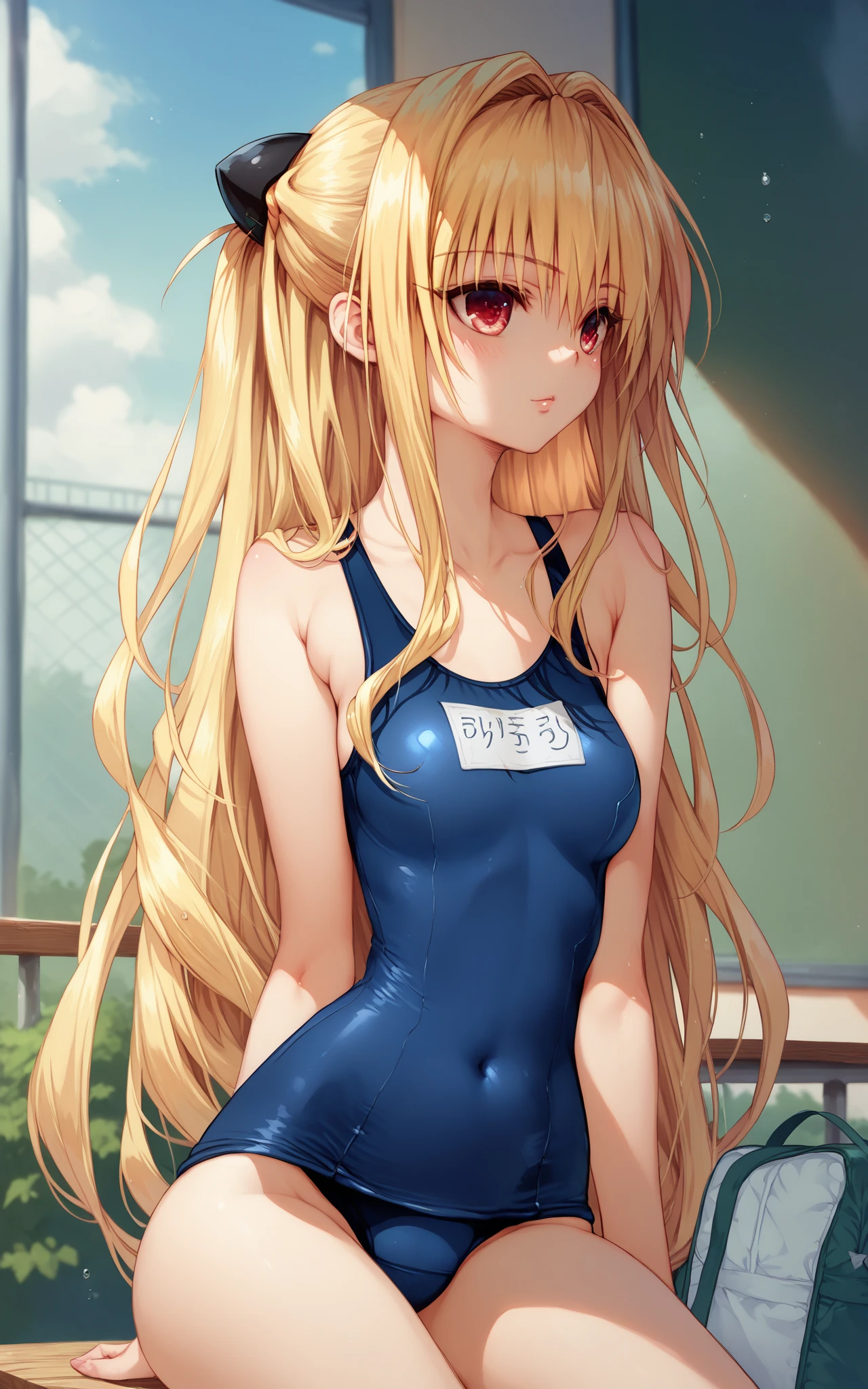 masterpiece, ultra detailed, 8k portrait, RAW photo, portrait photography, Highly detailed face, beautiful and meticulous eyes, (amber color eyes:1.5), 15 years old, smile:1.5, standing:1.5, poolside, (school swimsuit:1.5) cute girl, :1.2, long hair, (white blond shoulder length hair:1.5), show forehead, one side parted hair, hairpin, (sleepy face:1.2), young girl, 1girl, cute girl, pretty girl, portrait of cute girl, 159cm, 41kg, slim:1.5, flat :1.5,