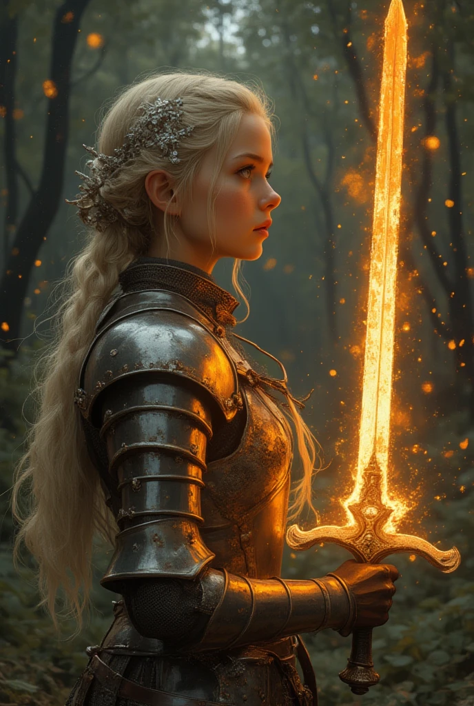 A young female knight, with long blonde hair adorned with an elaborate ...