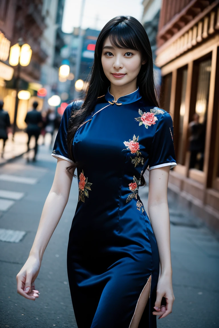 (16k wallpaper, masutepiece, Best Quality, Ultra-detailed, Highly detailed realistic photos, Beautiful detailed eyes, Solo, curby, qipao dress, chinese clothes, thighs thighs thighs thighs, Voluptuous, Chinatown), Ultra High Resolution, Fine skin、Sexy, 20 years old, Smile, Beautiful Girl
