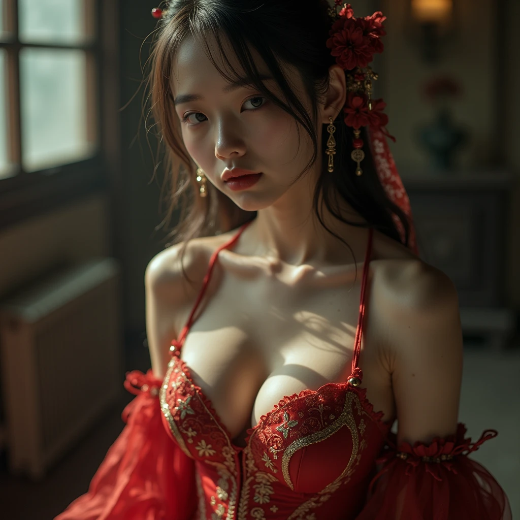 a beautiful chinese korean girl with sexy body  big  in  costume dyed red and dark blue (visible all bodies), Stand confidently in front of the black dragon gold patterned Mahjong Ways Black Scatter game with a tense and festive atmosphere, clearly visible background black dragon. noticeable very prominent breasts attract attention