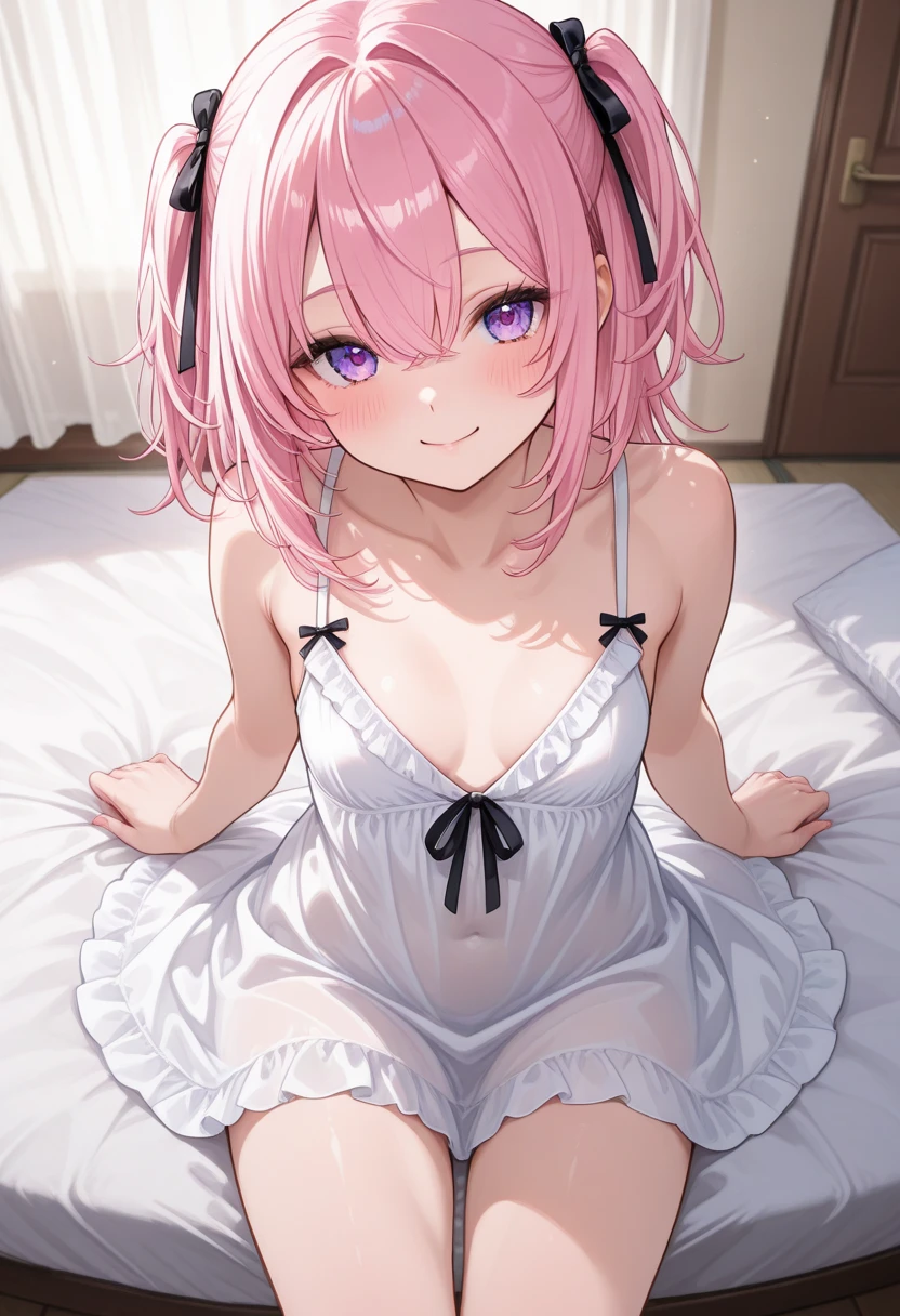 (masterpiece, high resolution, photo-realistic:1.4), Ram from the anime (re:Zero), dressed in a revealing bra and , large  squeezed by the small bra, her curves on show, as well as her but, her slender body alluring, in bed, pink hair, blushing, , the ambiance illuminated perfectly by candlelight, creating a sensual atmosphere, dept of field (DOF),  super-resolution, high megapixel rendering, cinematic lighting, anti-aliasing techniques (FKAA, TXAA, RTX), SSAO (Screen Space Ambient Occlusion), post-processing effects, tone mapping, enigmatic expression, captivating gaze,  pose, elegant room decor, subtle shadows, warm candlelight glow, intimate setting.